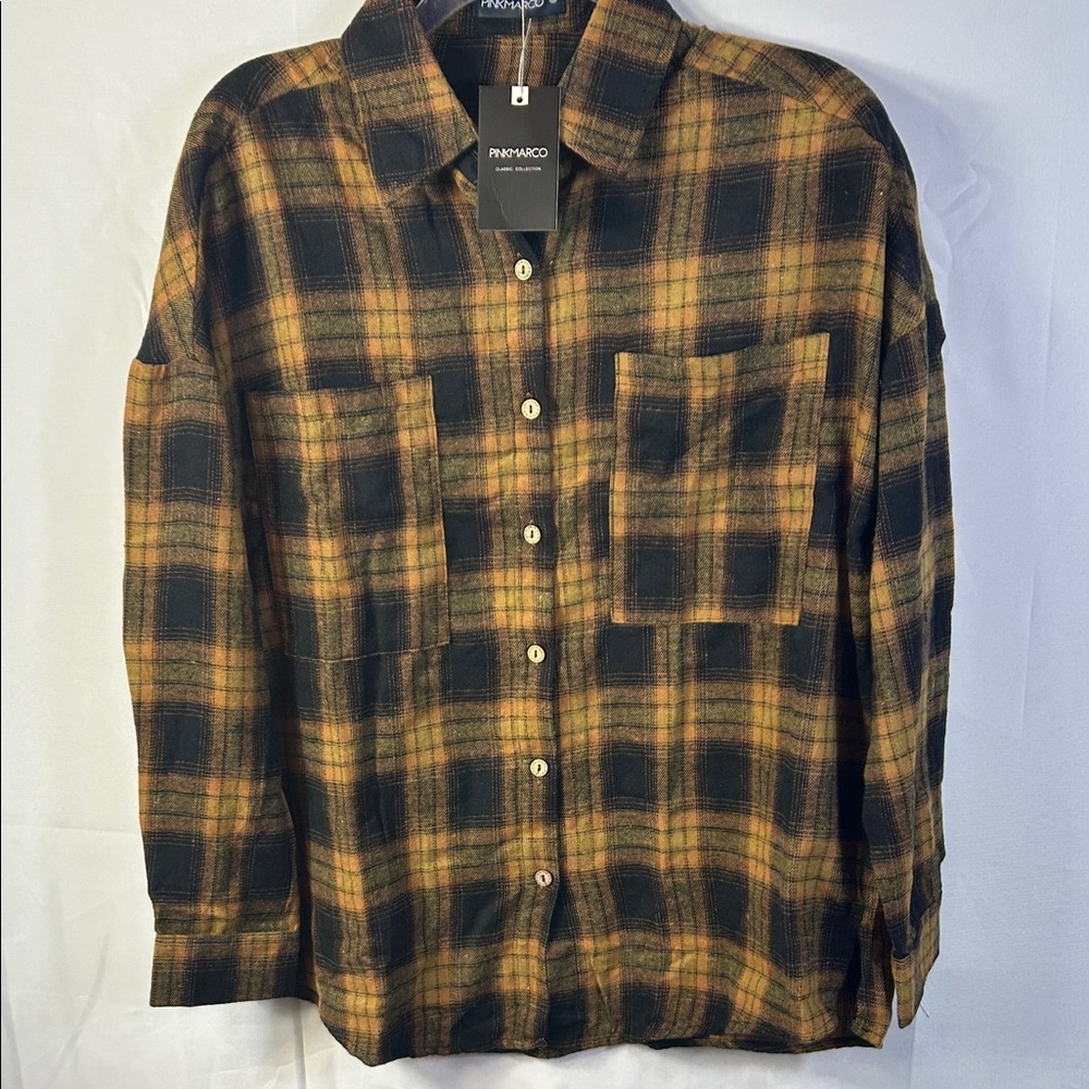 PINKMARCO Flannel Plaid Button-Up Shirt Brown Black Size Small oversized